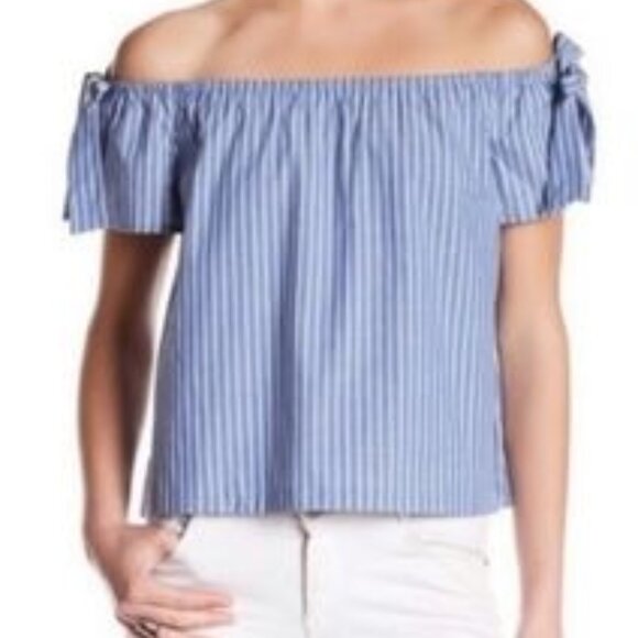 Nordstrom Lush 100% Cotton Off Shoulder French AllureBlue Striped Shirt Medium - Picture 2 of 7